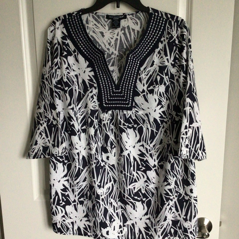 St Tropez West navy & white pullover tunic EUC